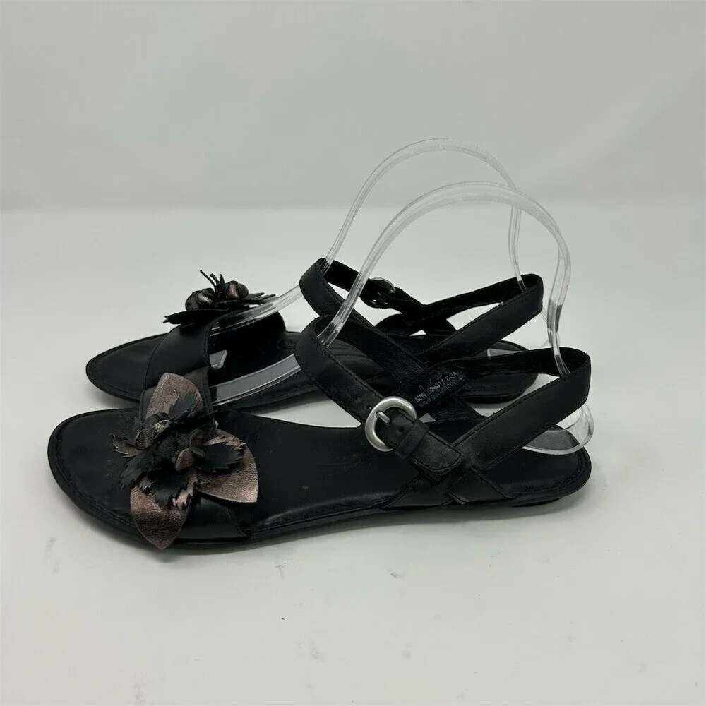 Born Yuki Women's Strappy Sandals Black Slingback Floral Accent Flat Size 8